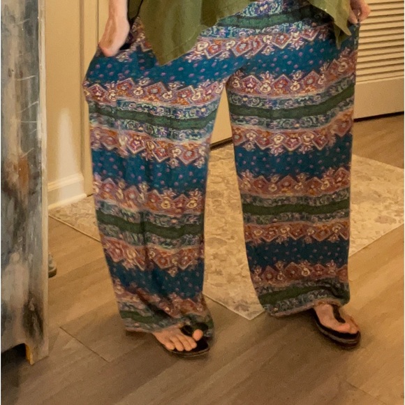 BOHO HIPPIE teal, purple, orange & cream pants wideleg, elastic waist & pockets! - Picture 2 of 9